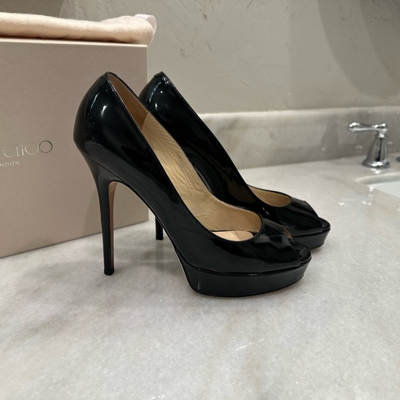 Jimmy Choo Crown Patent Black Leather Peep Toe Heel - Picture 12 of 13